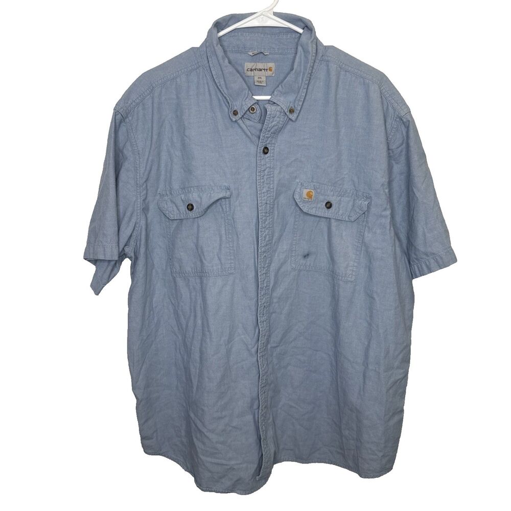 Carhartt Button Down Shirt Mens 2XL Tall Blue Short Sleeve Cotton Workwear